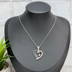 Sterling Silver Open Metal Work Heart Cubic Zirconia Pendant Necklace